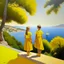 Placeholder: Neoclassicism realistic yellow cote d'azur landscape sea 2 childeren standing