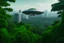 Placeholder: spaceship flying low over a jungle city