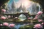 Placeholder: divine cosmic future city in space, amd pretyy fairy with great wings in the back, small lake with a few water lilies and river with very small waterfall in the watercourse, very pretty little flowered bridge with pink roses, very small fairies with pretty transparent wings, (very pretty shrubs++), well-cut green grass and small flowers of all colors, small dome-shaped house, small white floers