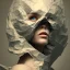 Placeholder: rendered in blender trash bag on his head and crumpled paper as a texture, collage paper and tape, slit - scan photography, high resolution, cinematic, unreal 6, breathtaking detailed