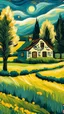 Placeholder: picture of a cottage surrounded by fields and trees in the van Gogh style