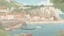 Placeholder: bay at foot of cliffs, with medieval buildings, shops, inn, taverns, people, piers, harbour, trees