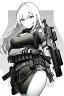 Placeholder: military girl takes out pistol, greyscale