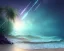 Placeholder: Night, stars, beach, calm, small waves, cool color palette, background, blue