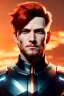 Placeholder: Male Cyborg anime warrior, orange hair, no facial hair,, long hair, blue eyes, waist up portrait, 8k resolution, intricate details, ornate details, soft lighting, vibrant colors, retroanime, masterpiece, intricate eyeliner, dark eyeshadow, eyes, futuristic cityscape background
