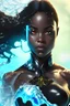 Placeholder: A black female superhero with water powers close up