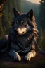 Placeholder: sad small scruffy wolf in chains laying down eyes closed, photorealistic, 4k, fantasy, sun setting with trees in the background