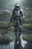 Placeholder: [future] A man in scifi outfit a pond