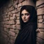 Placeholder: Hyper Realistic Young-Beautiful-Pashto-Women-With-Beautiful-Eyes in black shawl peeking from a cracked-brick-wall at night with dramatic & cinematic ambiance