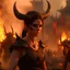 Placeholder: a dark haired tiefling woman with horns in a sleeveless battle outfit, a face like emma watson, amidst town ruins with fires burning, photo quality