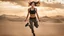 Placeholder: beautiful slender caucasian female technician wearing a backpack, jumping to cover, black tank top, well toned muscles, weathered face, scratched sand camo metal details, short brunette wavy bob haircut, dystopian, desert scene with smoke and explosions