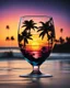 Placeholder: A stunning conceptual illustration of a beach scene encapsulated in the silhouette of a cocktail glass. The beach is depicted with vibrant colors, showing a sunset sky and the coastline with palm trees. The negative space of the glass highlights key elements of the scene, such as the sun, waves, and a palm tree. The black background enhances the cinematic effect, making the glass look like a window to a tropical paradise. 12k 3D HD hyper-realistic style Image quality CodeFormer AI 12K cute and e