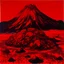 Placeholder: A dark red savage volcano with stones painted by Andy Warhol