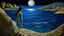 Placeholder: a girl walks along the moonlit foreshore+cretan, gentle cubist, neo-romantic+hyper landscape, complex detail, very realistic, art by John Craxton