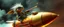 Placeholder: hairy macho gremlin lizard aliens living in a hi tech marvellous hot dog rocket with a mounted sling shot, heading for venus, background motion blur and smoke swirls