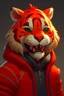 Placeholder: a cartoon tiger wearing a red jacket and smiling, a character portrait by Lan Ying, Artstation, furry art, artstation hd, official art, character