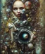 Placeholder: happy beautiful girl holding big proffesional camera in studio. street art, oil on canvas, spray paint, collage, letters, newspapeers, Dave McKean, Vladimir Fedotko, Saturno Butto, Vaughn Bodé, Frank Wu, James C. Christensen, collage, dirty, paint dripping, radiant