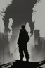 Placeholder: man, standing, silhouette, comic book,post-apocalypse, gray background,
