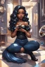 Placeholder: Create a futurism magna art of a black chibi curvy female sitting on the floor looking at herself in a hand mirror. She is wearing tight blue jeans and a black off the shoulder blouse. Prominent make up with lush lashes. Highly detailed long wavy hair. She is also wearing silver large hoop earringsart of a black chibi curvy female sitting on the floor looking at her cell phone. She is wearing tight blue jeans and a black off the shoulder blouse. Prominent make up with lush lashes.