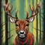 Placeholder: Deer with red-brown fur and green and white stripes with a black fuzzy neck ruff and yellow face stripes on face with stagbeetle-pinsers for antlers, background forest, in pop art style, best quality, masterpiece