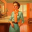 Placeholder: realistic oil painting of woman in messy blouse pointing to her neck, 1950s architecture interior house, art deco furniture visible. peach orange and cyan interior