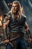 Placeholder: handsome viking warrior king, muscular, long blonde hair, male age 30, wearing jeans and a white shirt, tan skin, tattoos,photorealistic 4k modern fantasy