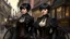 Placeholder: body portrait of a gothic woman with a black bob with a full fringe hairstyle, dressed in brown leather trousers, waistcoat, and gloves, in a Victorian street next to a steam carriage, full colour