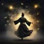 Placeholder: Hyper Realistic Sufi Whirling with black & Golden Islamic Sufi Rustic Grungy Background with heavy fog & fireflies at dark night