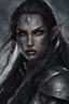 Placeholder: A female elf with skin the color of storm clouds, deep grey, stands ready for battle. Her long black hair flows behind her like a shadow, while her eyes gleam with a fierce silver light. Despite the grim set of her mouth, there's a undeniable beauty in her fierce countenance. She's been in a fight, evidenced by the ragged state of her leather armor and the red cape that's seen better days, edges frayed and torn. In her hands, she grips two swords, their blades spattered with an eerie green blood