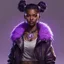 Placeholder: arcane tv show style, league of legends, solo, 1girl, attractive teenager, african, dark skin, dark-brown eyes, black hair, pair buns, (violet strand in forehead bang), necklace, earrings, modern makeup, (detailed skin texture), old leather jacket with violet fur collar, oversized torn t-shirt with half-erased unknown music group logo, You can see through the wide holes in the t-shirt her acid-green sport top, dark background, bokeh, cinematic atmosphere