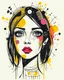 Placeholder: A mixed media collage featuring an abstract female figure with expressive eyes, adorned in vibrant patterns and symbols that evoke emotion., focus on face, isolated background, color splashes, scribbles, pen strokes, collage style, mixed media collage, scrapbook aesthetic, yellow-orange black purple pink white tones, vintage paper textures, hand drawn elements, playful use of shapes, bold shadows, whimsical atmosphere, textured brushstrokes, monochromatic palette, light pastel colors --ar 1:2 --