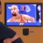 Placeholder: an ugly man watching the New York Knicks on a very small television