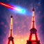 Placeholder: Robot géant extra terrestre tire laser rouge vif sur la tour eiffel, militaires tirent sur le robot