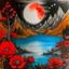 Placeholder: a child's pencil color drawing of a moon crying and filling a lake, surrounded by mountains and gigantic red flowers