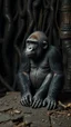 Placeholder: A gorilla in the background of black vein, human veins, mixing together a lot of them, like a forest, big and small veins a lot of them, an army a dead baby gorilla sitting on an old broken table