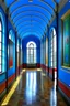 Placeholder: An exhibition of paintings whose side walls are in the shape of an oval and made of blue glass and its floor is light with a wall in the middle of the hall to divide it into two parts with a corridor at the beginning and end of the wall and the paintings displayed are old and historical with a window at the end