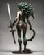 Placeholder: full-length, detailed persona, sword in hand, gorgon medusa, from the back, half turn