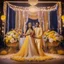 Placeholder: Hyper Realistic Beautiful Traditional Indian Wedding Couple on Stage decorated with different Yellow & White flowers & neon wedding lights with people at Night