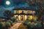 Placeholder: fine palette knife painting of a placid Spanish villa set amidst surrounding olive groves under the pale moonlight of midnight , in the Expressionist style of Egon Schiele, Oskar Kokoschka, and Franz Marc, highly detailed in muted natural colors with fine detail outlining and shading