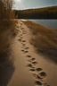 Placeholder: Sand Near THE WATER OF LAKE Gennisaretsky, bare footprints lead to the water. The image is in high quality in 8K.