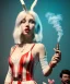 Placeholder: Ultra realistic photographic party portrait, sound club, wide-angle lens, couple, cinematic, happy blonde woman smoking a shisha pipe, accompanied by big white rabbit friend, hot, circus dress style, marihuana plants, color smoke, soft color, highly detailed, unreal engine 5, ray tracing, RTX, lumen lighting, ultra detail, volumetric lighting, high definition.