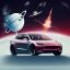 Placeholder: A Tesla Model 3 flying in outer space with a stuffed animal in the driver’s seat