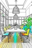 Placeholder: outline art for .A vibrant dining room with a large wooden table and colorful chairs. coloring pages, white background, sketch style, full body, only use outline, mandala style, white background, clean line art, np shadows and clean and well outlined
