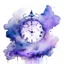 Placeholder: a clock dissolving into clouds of lilac and blue, watercolor, timeless, no time, no clock hands, infinity, magic, positive, color everywhere, bright colors, happy, energetic
