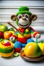 Placeholder: A crocheted toy chef designed as a playful monkey, wearing a colorful chef's coat and holding a crochet whisk, with a backdrop of crocheted fruits and vegetables, showcasing the joy of cooking and creativity in crochet artistry