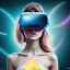 Placeholder: Woman with a VR headset running in futuristic Edimburgh on chrome water and rainbow sky on cinematic ultra high definition