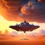 Placeholder: octane render volumetric desert environment, Ralph McQuarrie style painting of an armored hovercraft with cannon, floating in the air, highly detailed, minutiae, clouds, storm, renderman, duststorm at sunrise