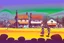 Placeholder: whimsical arafed nonsense, patchwork vibe, acrylic and ink painting of a cozy village main street on undulating hills with color (((minimal))) sketches of village people with (((extremely long limbs))), (((oversize head))), sharp color contrasts, amazing shadows, (((exaggerated limbs and head))), minimal cozy, warm palette, bright bold warm summer colors, color leak, sparse bright orange-red splinters, heavily distorted views, amazing parallels, amazing reflections