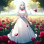 Placeholder: gorgeous anime girl wearing a yellow and white dress ,standing in a meadow of flowers, spreading rose pedals on the ground. beautiful eyes and a stunning smile, blue eyes, two blue eyes, perfect nose and rosy cheeks and red lips