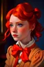 Placeholder: A 23-year-old girl with medium-length red hair tied with a bow in a ponytail and two curls in front, red eyes